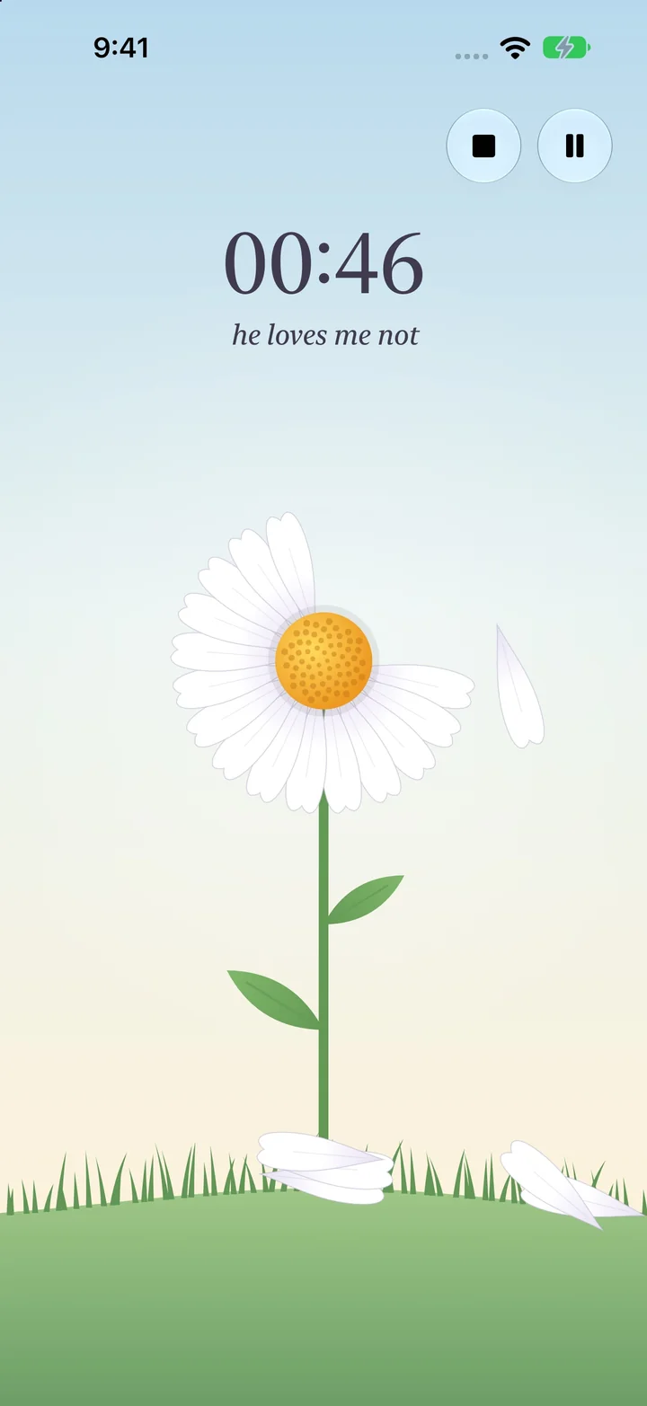 The He Loves Me theme: a daisy on a grassy hill under a pale sky, a few petals already on the ground, under a 00:46 countdown.