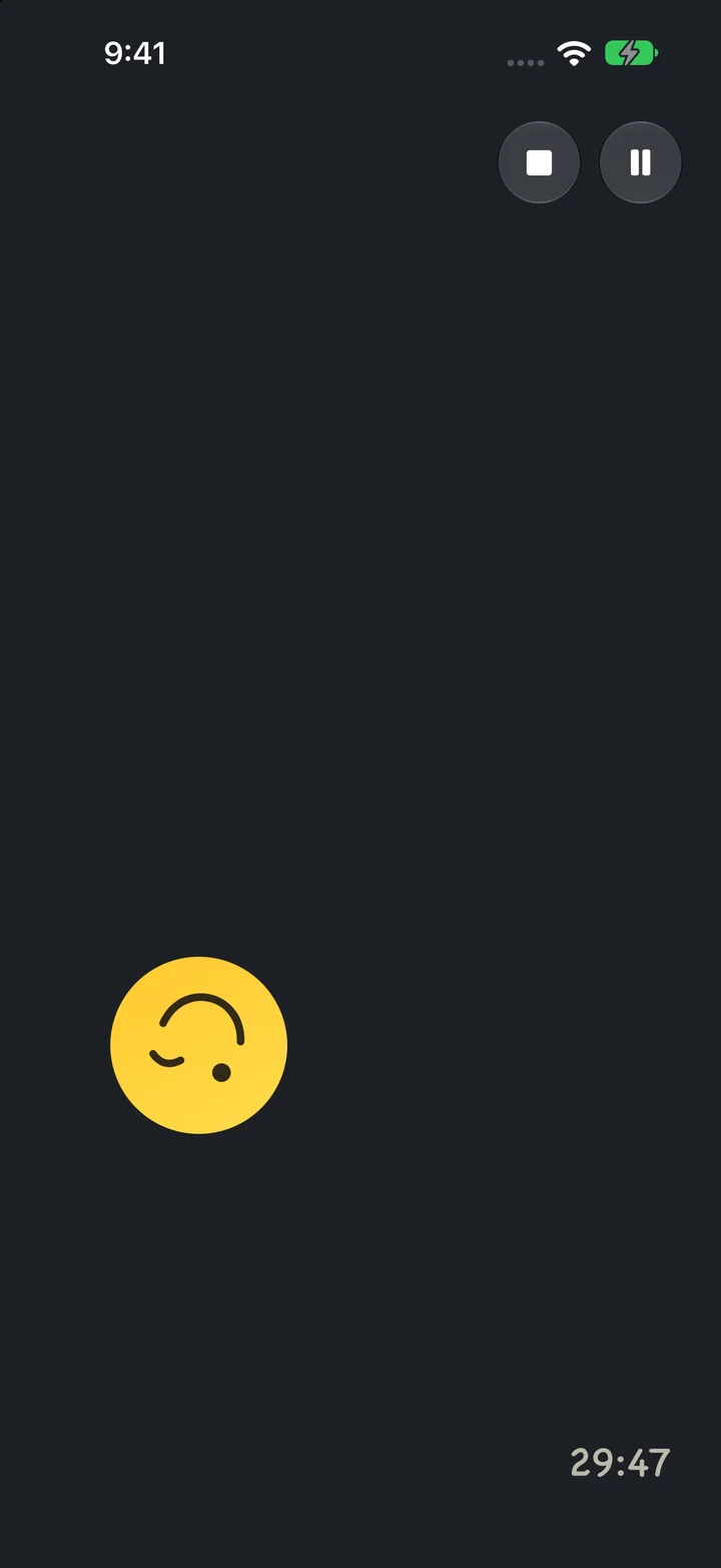 The Mr Smiles theme: a yellow smiley face tumbling across a dark screen, with 29:47 left in the corner.